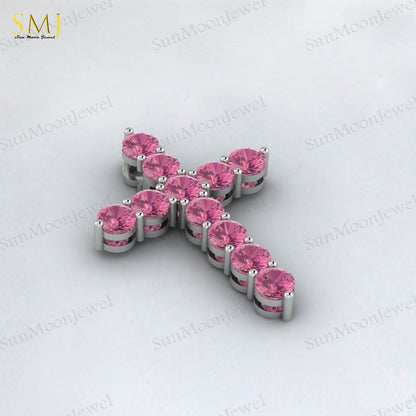 925 Silver Natural Pink Tourmaline Cross Necklace Pendant December Birthstone