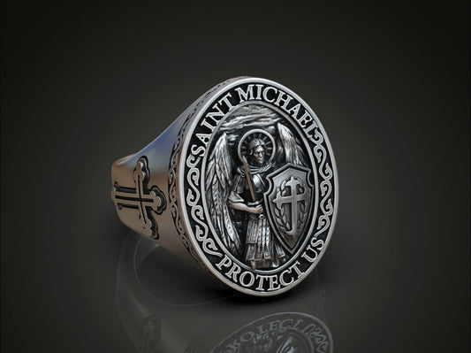 Saint Michael Archangel Ring Silver Signet Religious Ring Gift For Men US5~15