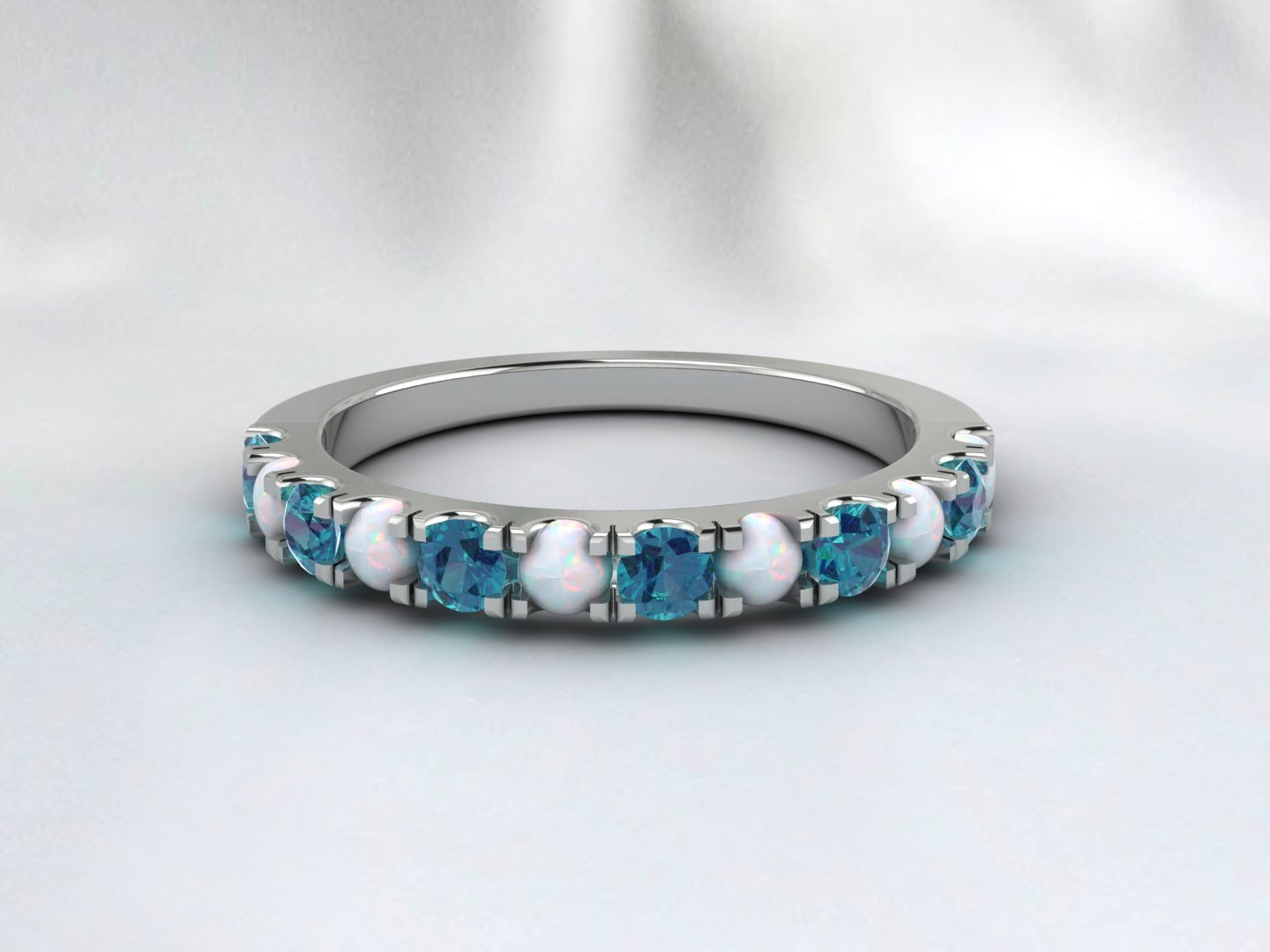 Natural Round Opal And London Blue Topaz Half Eternity Band Fine Silver Band