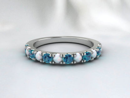 Natural Round Opal And London Blue Topaz Half Eternity Band Fine Silver Band