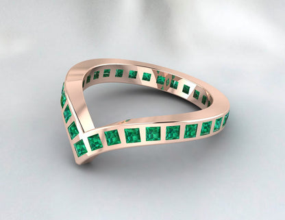 Princess Cut Emerald Green Wedding Band Fine Silver Lab Created Curved Band