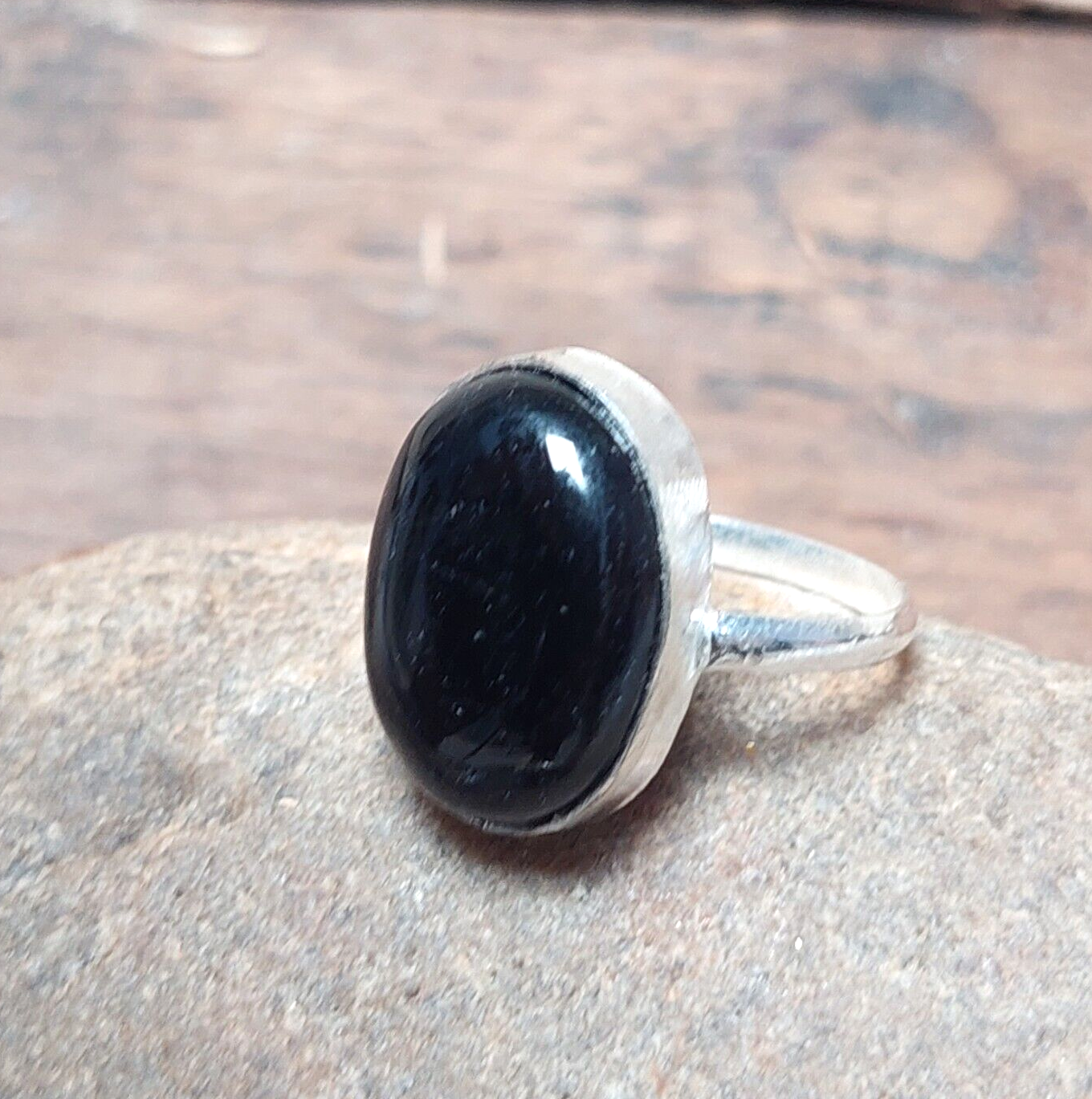 Oval Black Onyx Ring,925 Sterling Silver Ring with Flat Oval Stone,Genuine Onyx