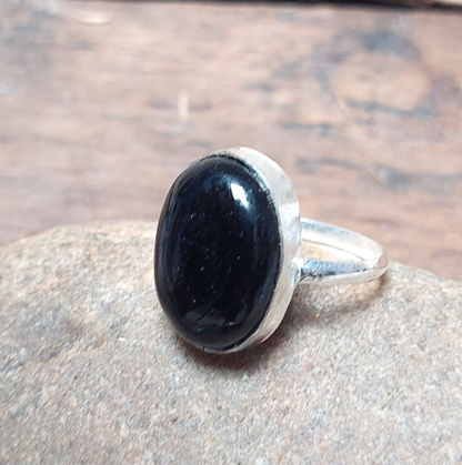 Oval Black Onyx Ring,925 Sterling Silver Ring with Flat Oval Stone,Genuine Onyx