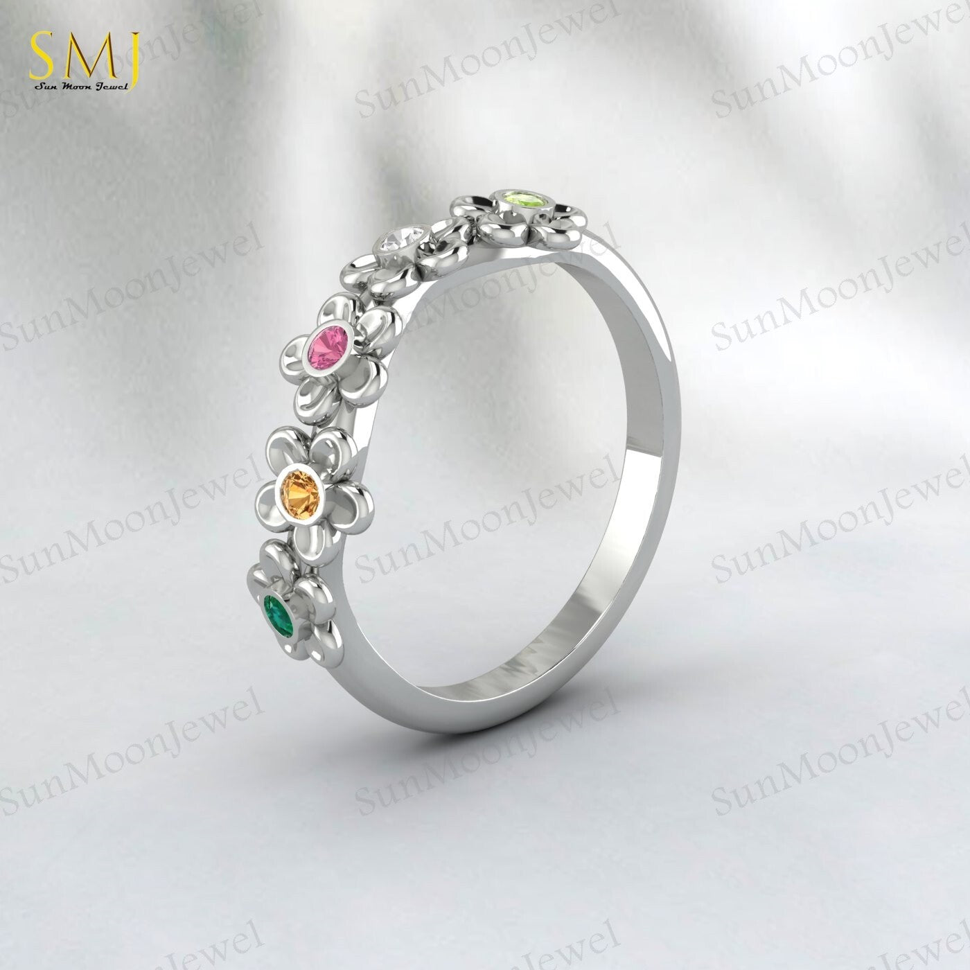 Natural Peridot Tourmaline Citrine Emerald Mutistone Flower Band in 925 Silver