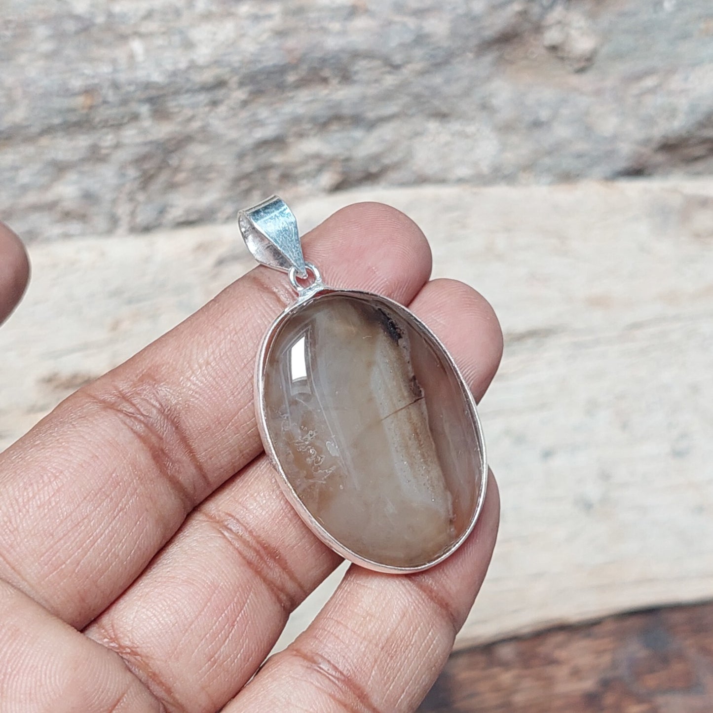 925 Sterling Silver Oval Natural Brown Banded Agate Pendant Wedding Gift