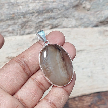 925 Sterling Silver Oval Natural Brown Banded Agate Pendant Wedding Gift