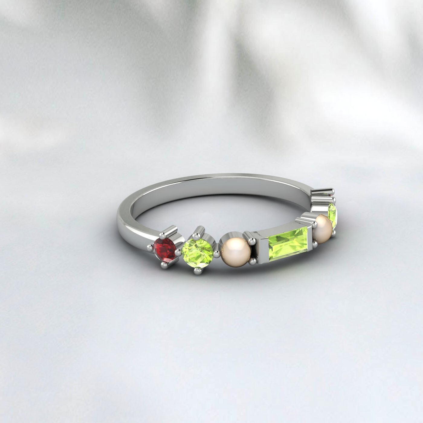 Natural Peridot, Pearl And Garnet Wedding Anniversary Ring 925 Sterling Silver