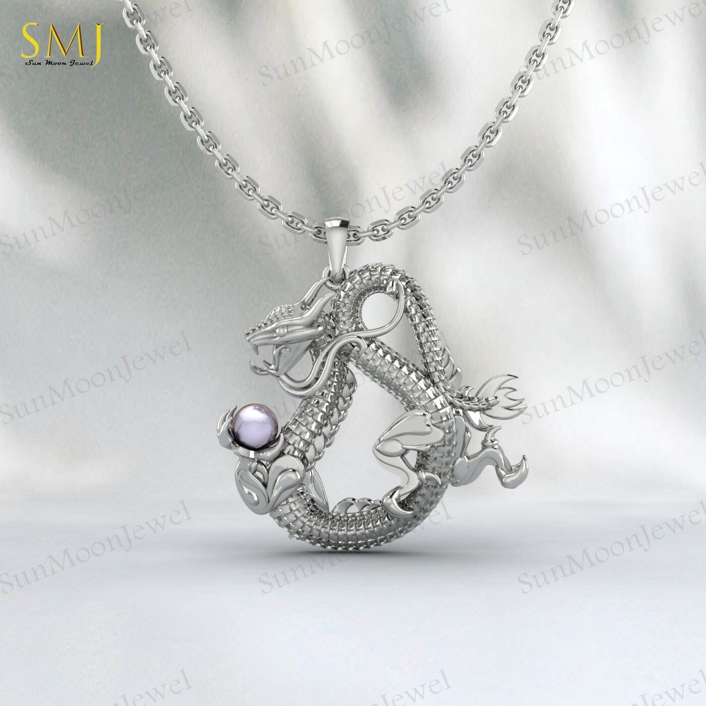 925 Sterling Silver Dragon Pendant Necklace For Man Pearl Dragon Unique Gifts