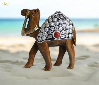 Silver Stone Work Wooden Camel  Hand Carved Olive Wood Camel Sculpture for Home
