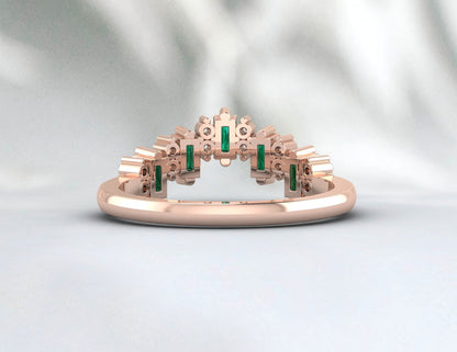 Baguette Green Emerald Crown Wedding Band Fine Silver Daimond Lab Created Band