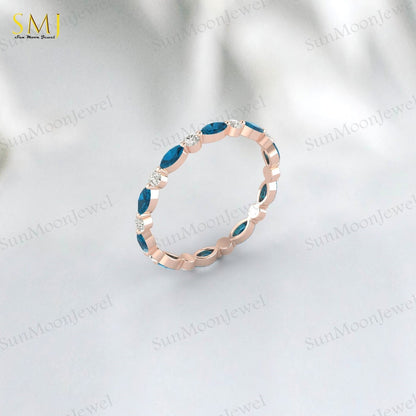 Full eternity Natural London Blue Topaz wedding band Marquise 925 Silver
