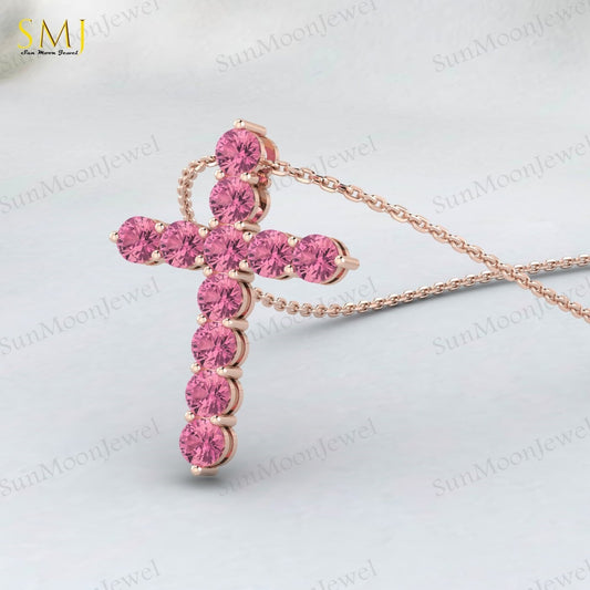 925 Silver Natural Pink Tourmaline Cross Necklace Pendant December Birthstone