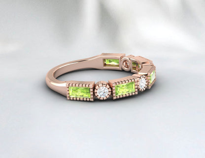 Natural Baguette Cut Peridot & Cubic Zirconia Half Eternity Fine Silver Band