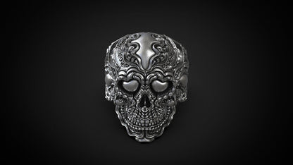 925 Sterling Silver Biomechanical Skull of Love Ring US7~15 Oxidized Biker Rider
