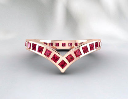 Princess Cut Red Ruby Wedding Band Fine Silver Lab Created Curved Band Bezal Set