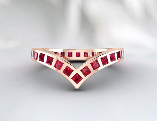 Princess Cut Red Ruby Wedding Band Fine Silver Lab Created Curved Band Bezal Set
