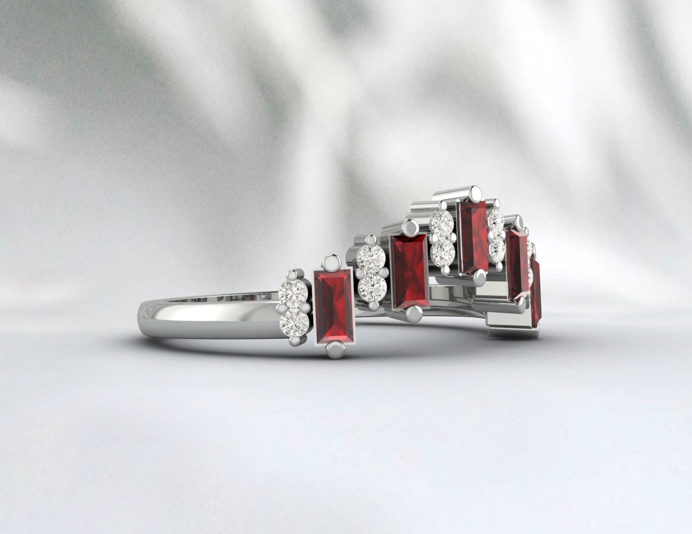 Natural Baguette Red Garnet Crown Wedding Band Fine Silver Daimond Stacking Band