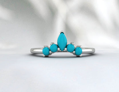 Natural Pear Turquoise Crown Wedding Band Fine Silver Stacking Matching Band