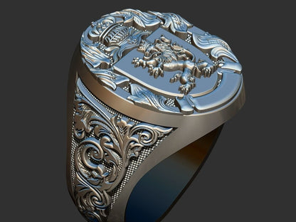 Lion And Roosters Coat of Arms Signet Silver 925 Men's Ring US7-15 Animal Lover
