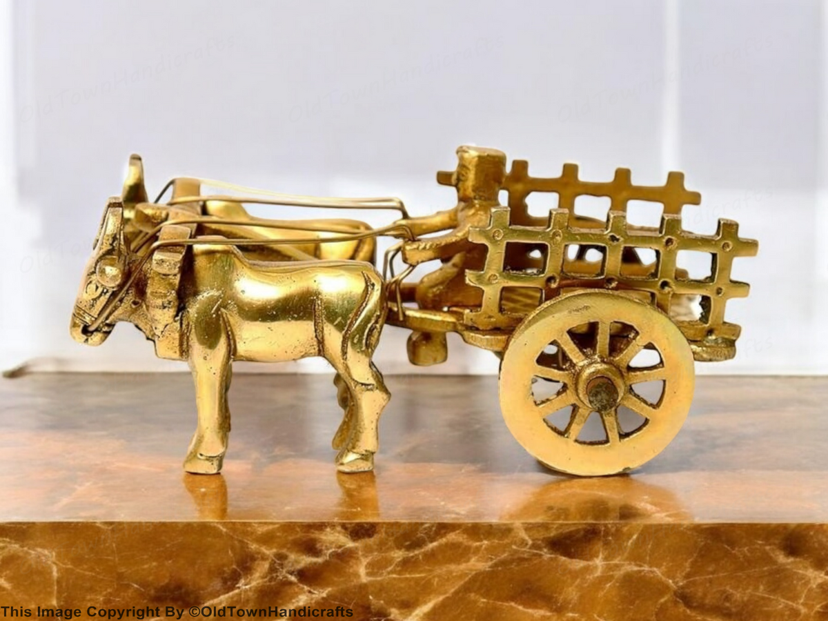 Brass Vintage Bullock Cart Showpiece Home Decor with Double Bull 6cm