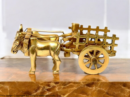 Brass Vintage Bullock Cart Showpiece Home Decor with Double Bull 6cm