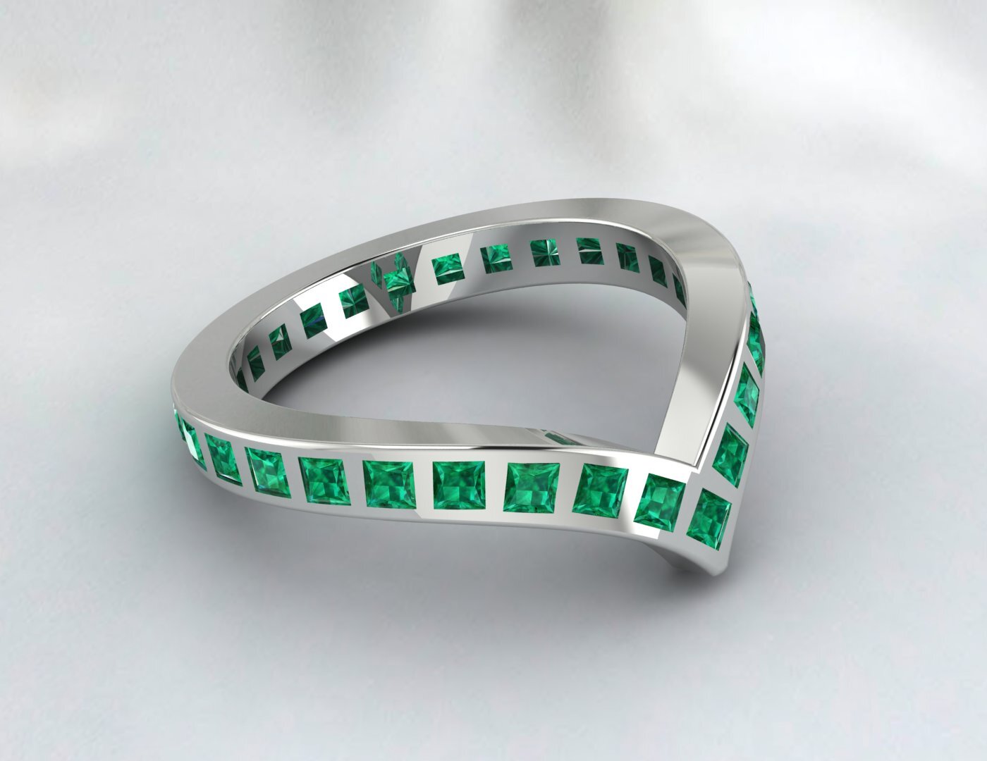 Princess Cut Emerald Green Wedding Band Fine Silver Lab Created Curved Band