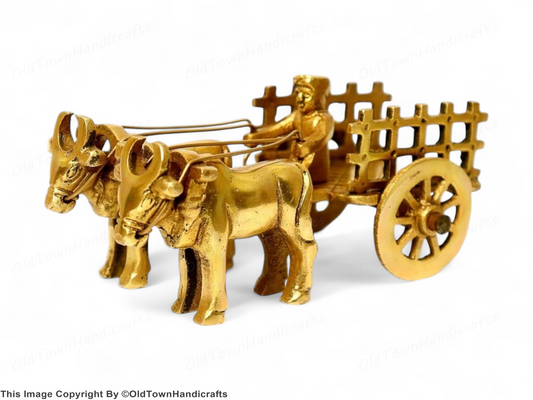 Brass Vintage Bullock Cart Showpiece Home Decor with Double Bull 6cm