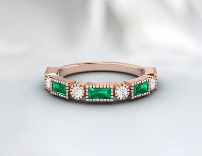 Baguette Cut Emerald & Cubic Zirconia Half Eternity Fine Silver Band Lab Created