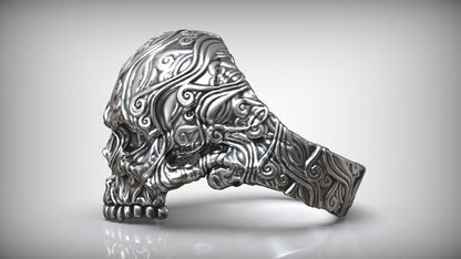 925 Sterling Silver Skull Head Sea Wave Ring US7~13 Oxidized Biker Rider Ring