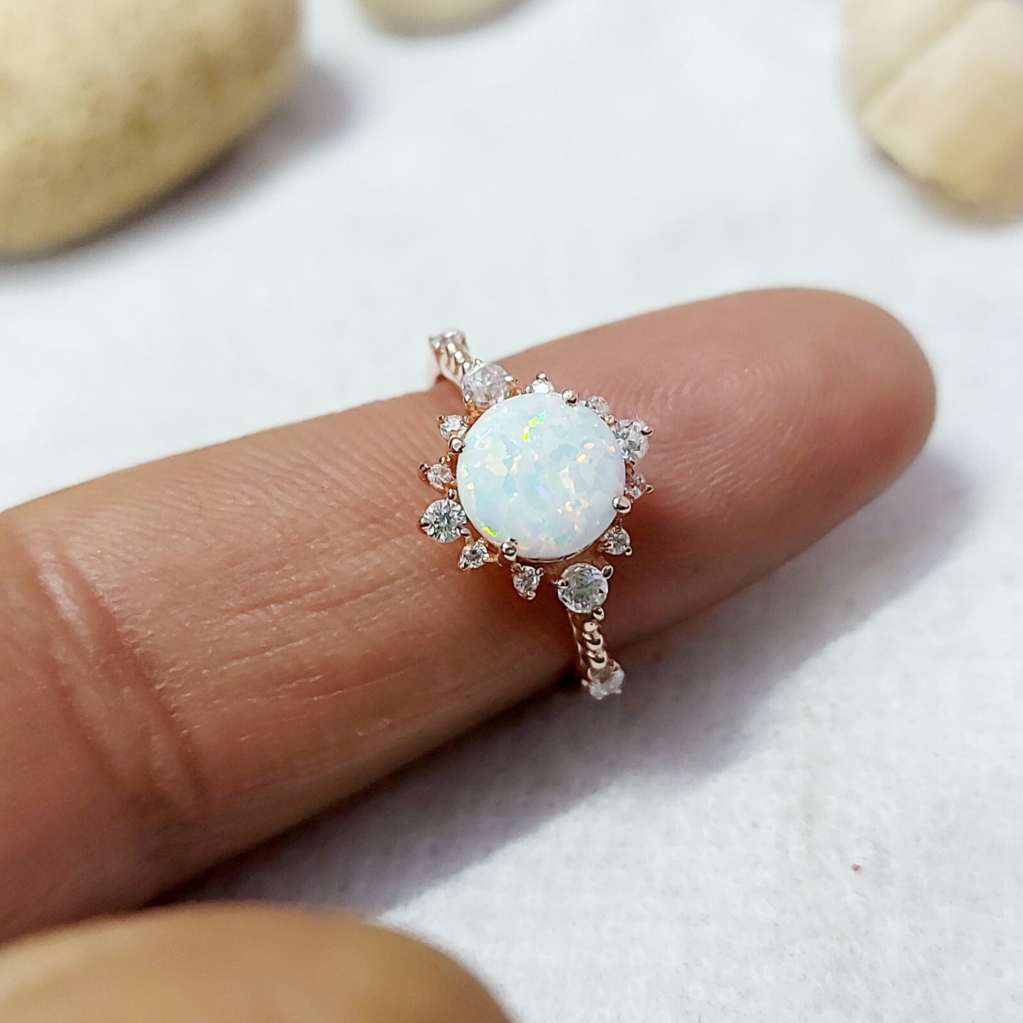Round Cut Natural Fire Opal Halo Engagement Ring Silver Moissanite Women US5 ~15