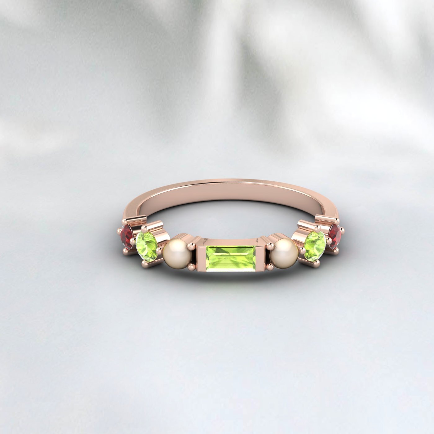 Natural Peridot, Pearl And Garnet Wedding Anniversary Ring 925 Sterling Silver