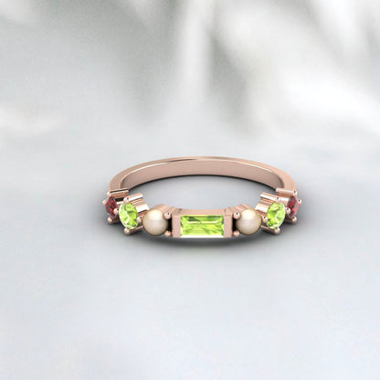 Natural Peridot, Pearl And Garnet Wedding Anniversary Ring 925 Sterling Silver