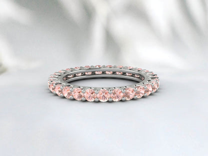 Natural Round Peach Morganite Band Eternity Matching Promise Fine Silver Band