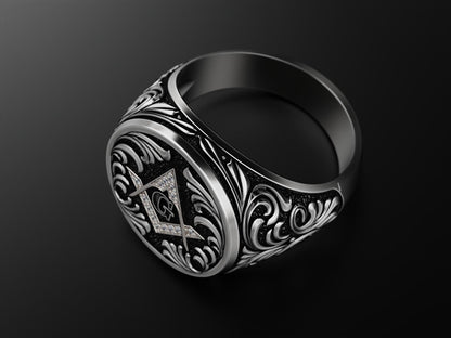 Mason Ring 925 Sterling Silver Freemason Square and Compasses Emblem Ring US7-15