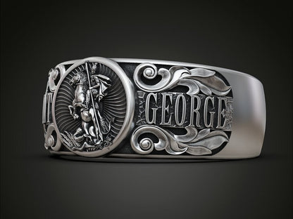 925 Silver St George Warrior Dragon Signet Ring Religious Men Women Ring US5-15