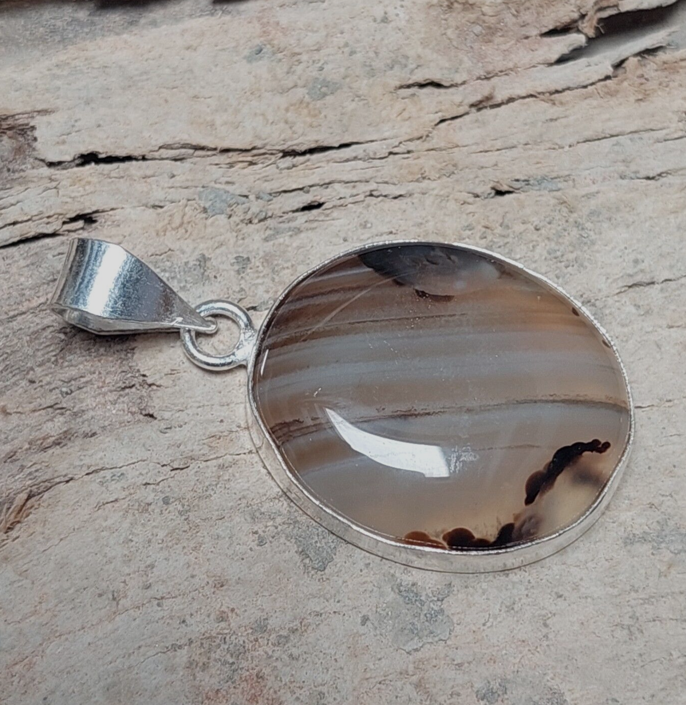 Oval Brown Banded Agate Gemstone 925 Sterling Silver Handmade Pendant Necklaces