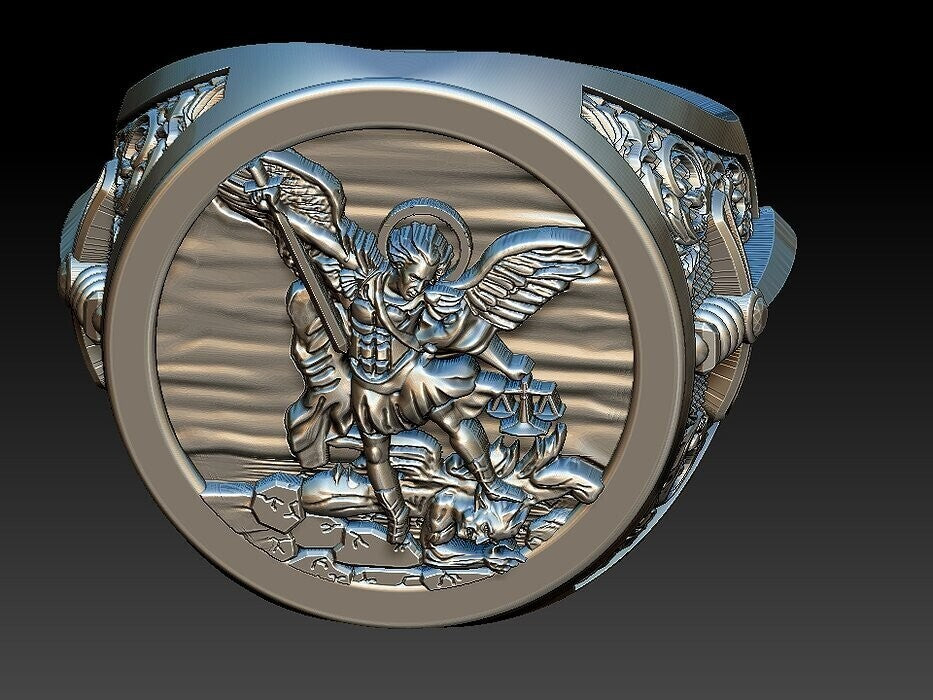St Michael Sword Ring 925 Sterling Silver Archangel Signet Style Men Ring US5–15
