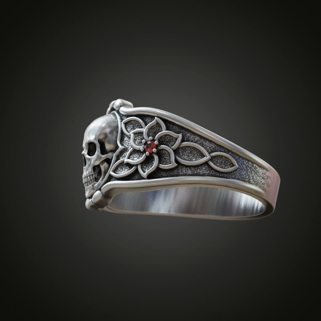 925 Sterling Silver Skull Flower Ring Handmade Biker Gothic Jewelry Ring US5 ~15