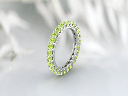 Natural Round Green Peridot Band Eternity Stacking Promise Fine Silver Band