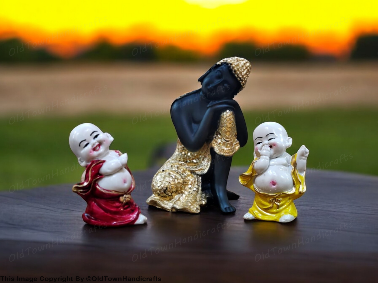 Divine Resting Buddha Idol with Two Child Monks Home Office Decor Gift Showpiece