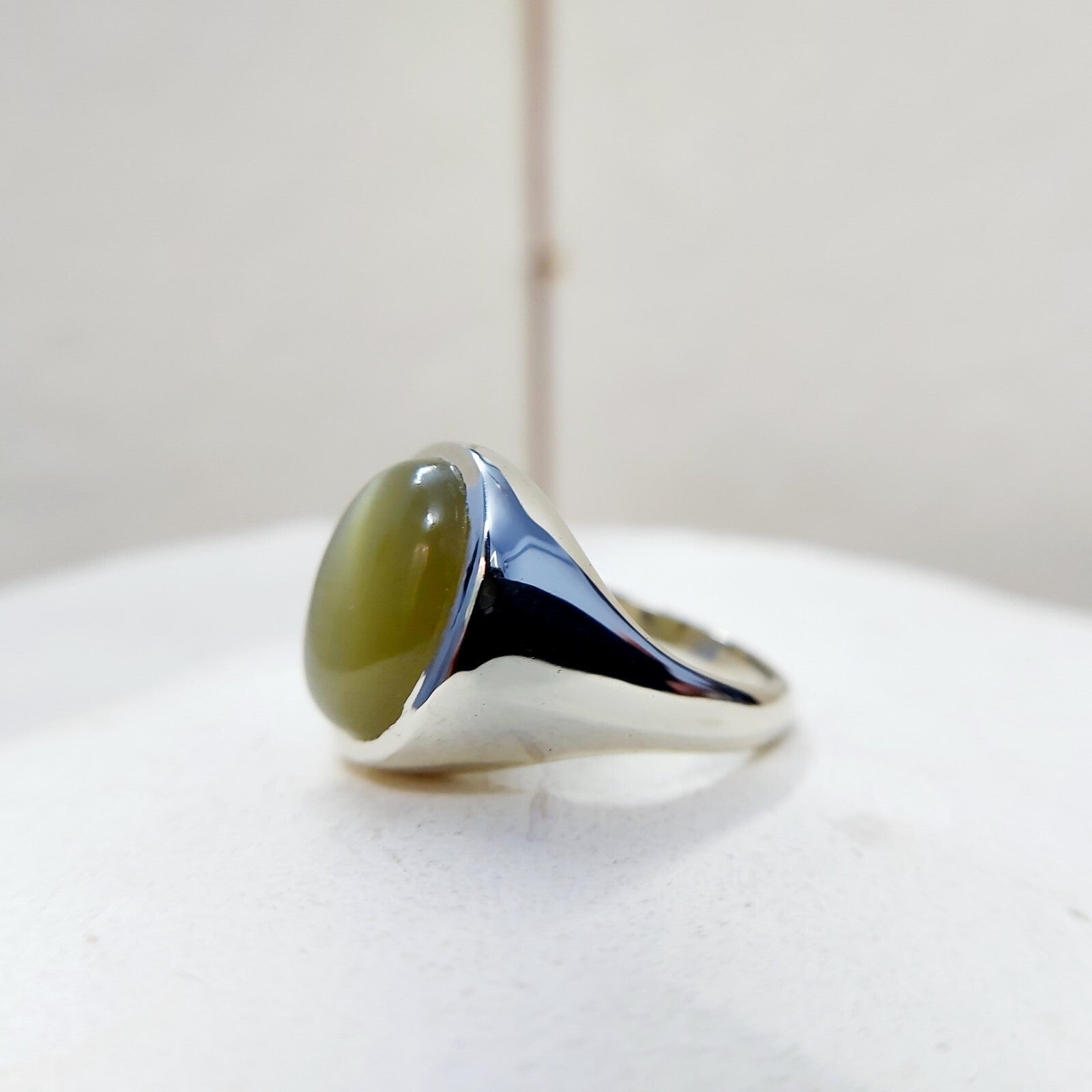 Yellow Cats Eye Chrysoberyl Ring Wide Band Handmade 925 Silver Men Ring US5~15