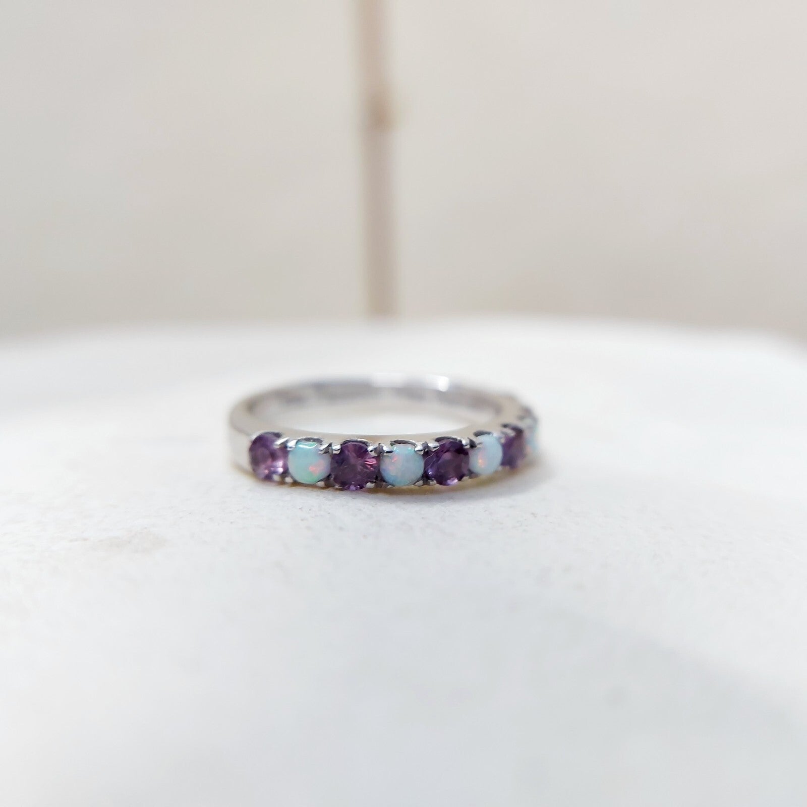 Fire Opal Amethyst Ring Genuine Silver Half Eternity Band Handmade Women US5~15