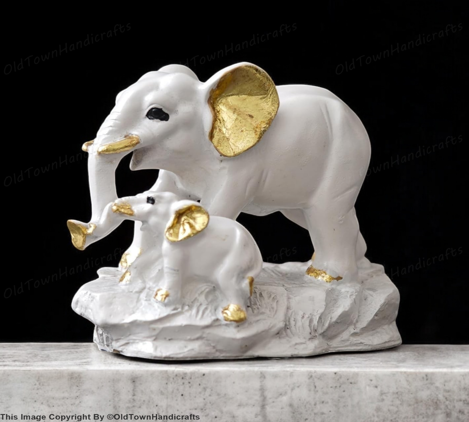 White & Golden Elephant with Baby Statue Decorative Showpiece for Home Office