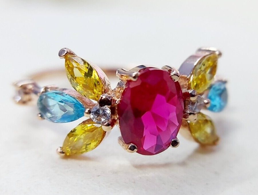 Oval Ruby Multi Gemstone Wedding Ring 925 Silver Women Engagement Band US5-15