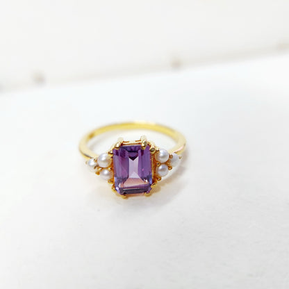Emerald Cut Amethyst Pearl Ring 925 Silver Handmade Engagement Women Ring US5~15