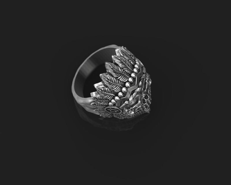 Silver Skull Indian Tribal Chief Ring US5-15 Handmade Statement Skull Ring Men