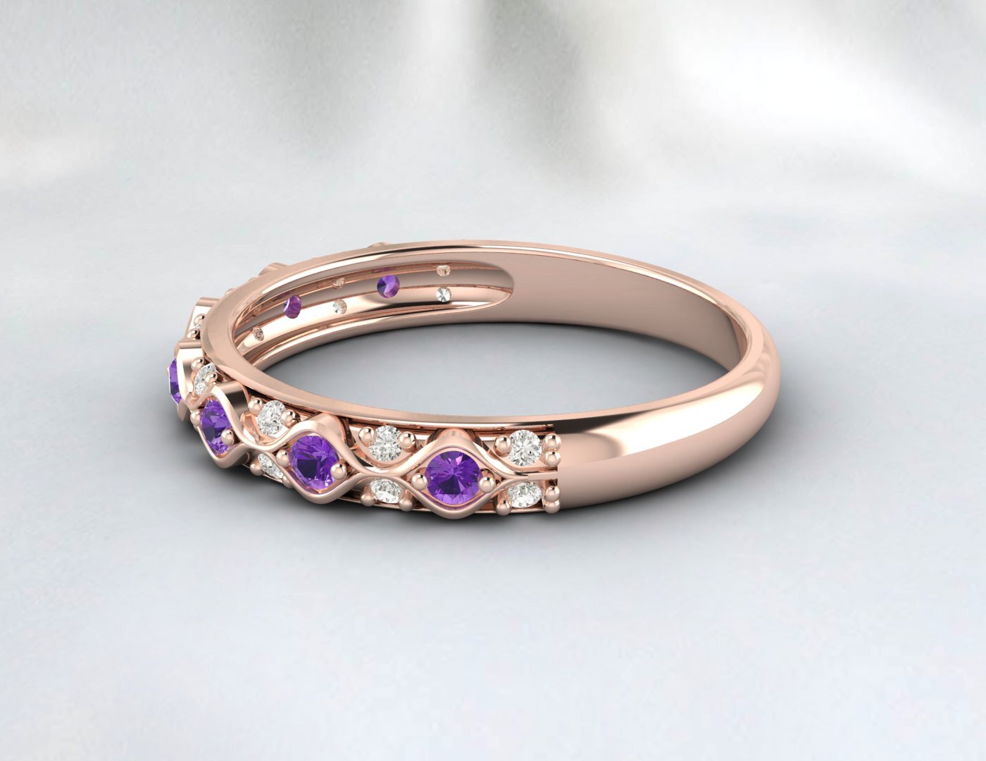 Natural Amethyst Cz Diamond Wedding Band Fine Silver Antique Unique Vintage Band