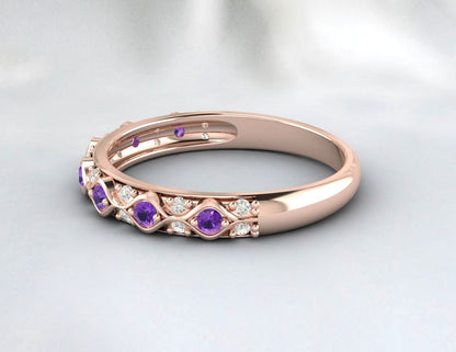 Natural Amethyst Cz Diamond Wedding Band Fine Silver Antique Unique Vintage Band
