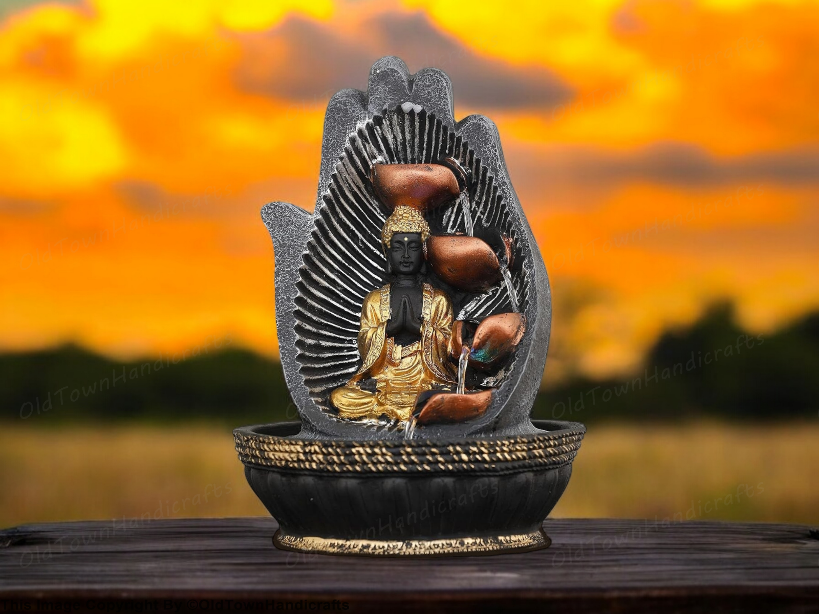 Polystone Gold Palm Buddha Water Fountain with LED Lights Home Decor Gift