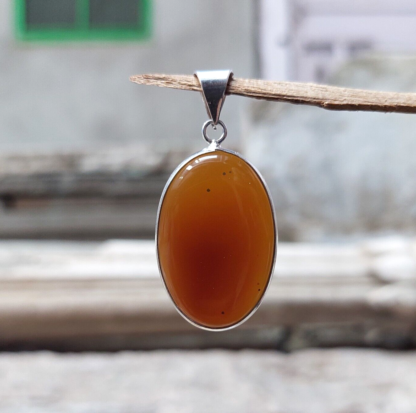 Antique 925 Sterling Silver Orange Montana Agate Oval Shaped Handmade Pendant